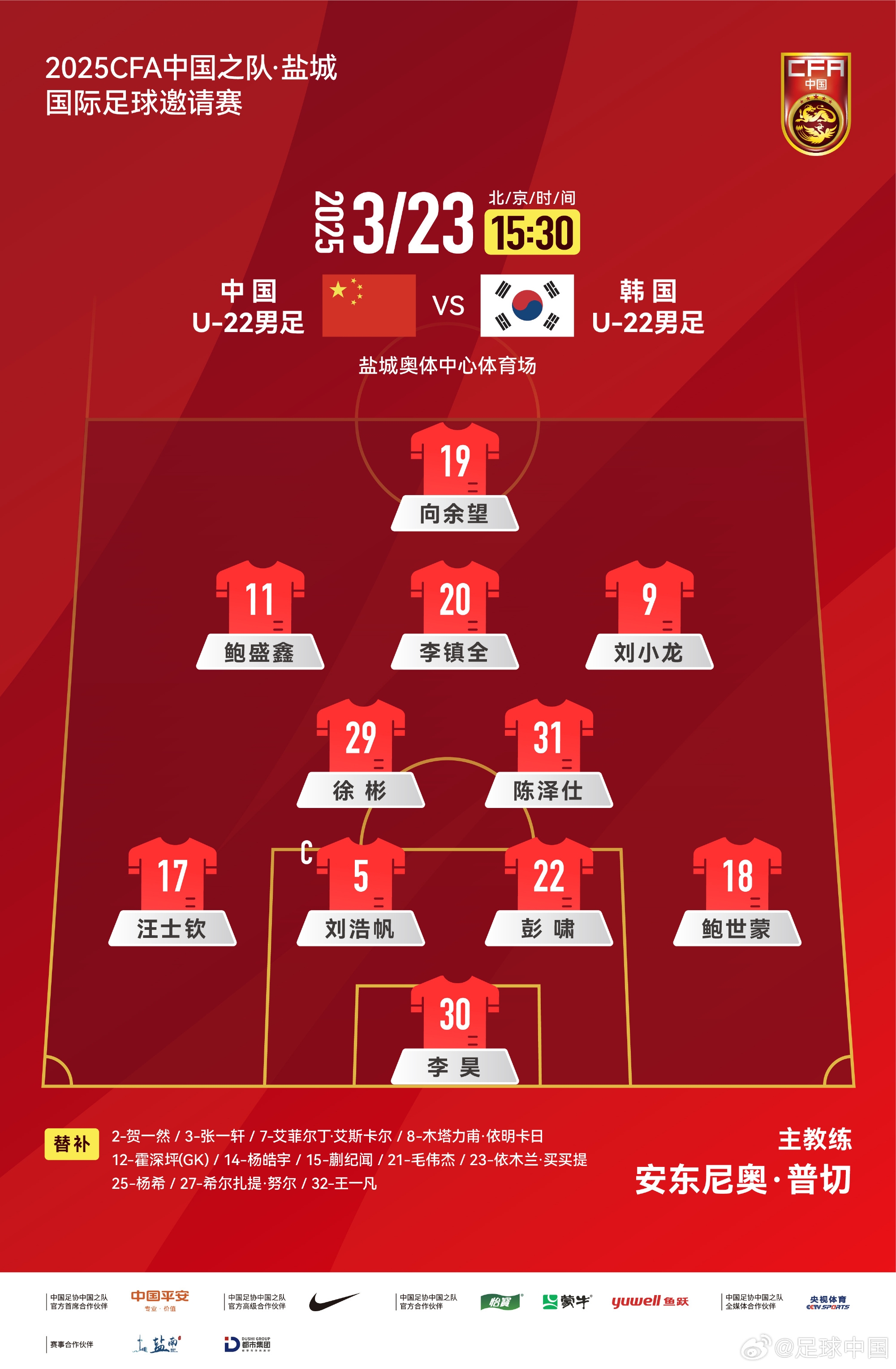 鹽城四國(guó)賽，中國(guó)U-22男足對(duì)陣韓國(guó)U-22男足，中國(guó)隊(duì)首發(fā)陣容